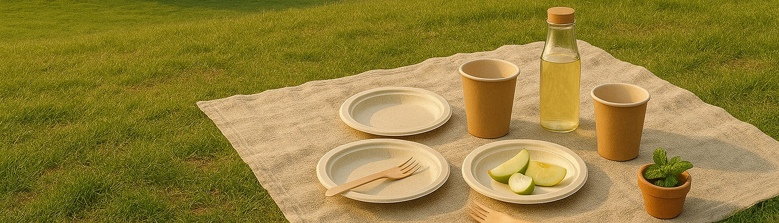 Outdoor setting with reusable plates, cups, and a bottle on a picnic blanket.