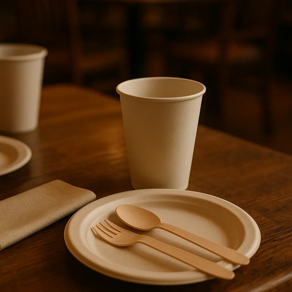 Eco Bhai biodegradable paper cup, wooden cutlery, and eco-friendly plate - ideal disposable tableware for cafes, fine-dining restaurants, cloud kitchens, QSRs, bakeries, canteens, and all types of food-service businesses in India