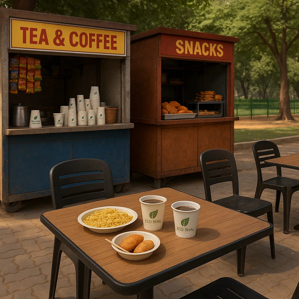 Eco Bhai biodegradable paper cups and compostable tableware served at a local tea and snack stall - ideal for kiosks, juice shops, fast food joints, and street food vendors seeking eco-friendly disposable solutions in India